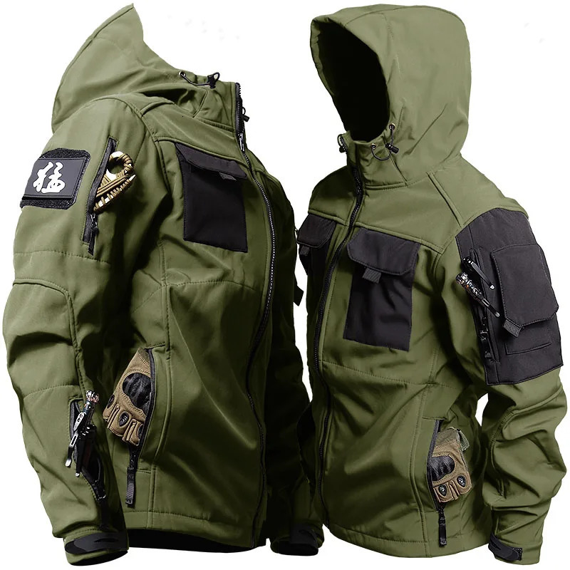 Outdoor tactical suit mens military multi pocket hooded work jacketwindproof and waterproof wool cargo pants winter shark skin set 241022