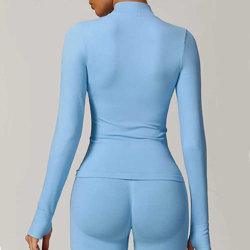 Seamless long sleeved sports jacket womens zipper fitness yoga shirt gym top active running jacket bicycle sportswear W250326