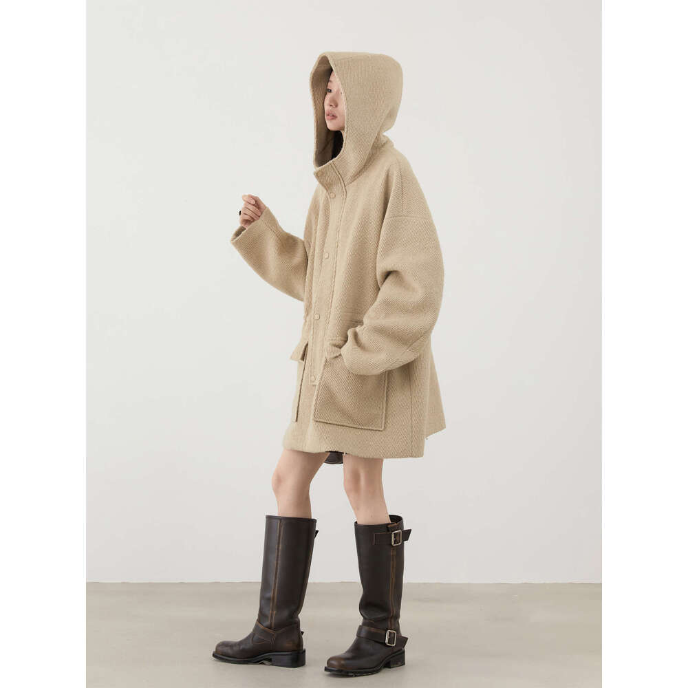 CHIC VEN Women's Woolen Coat Loose Solid New British Hooded Jackets Drawstring Mid-Length Ladies Windbreaker Autumn Winter 250526