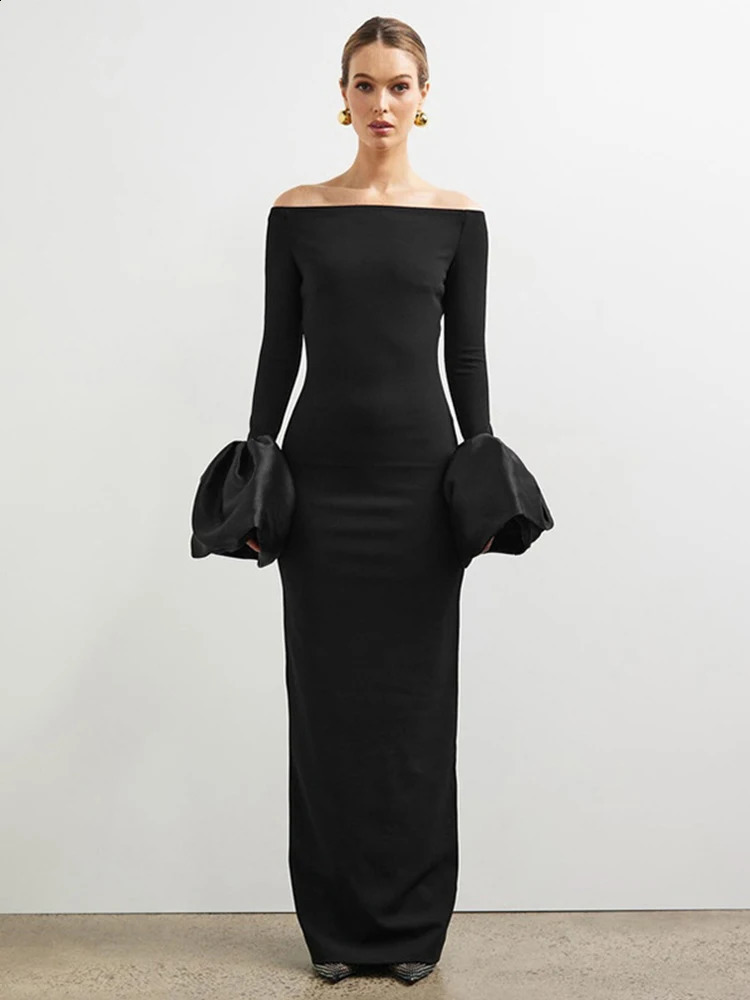 Off Shoulder Long Dresses Flower Bud Cuff Slim Fit Elegant Women Dress Long Sleeved Slimming Fashion Party Evening Robes Summer 241021