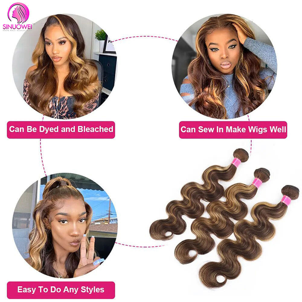 30 32 Inch Highlight Body Wave 100% Human P4/27 Honey Brown Brazilian Bundles 1 3 4 Remy Hair Bundle
