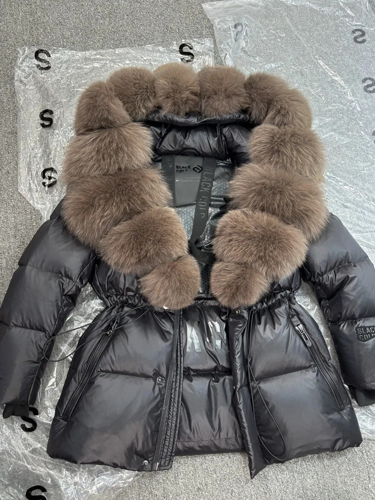 Janveny Glossy Waterproof Puffer Coat Women Winter Real Fox Fur Hooded Female Parkas Shiny 90% Duck Down Jacket Outwear 241022