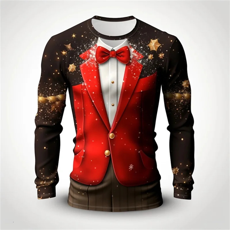Mens Long Sleeve Tshirts 3D Print Christmas Snowflake Pattern Suit Tee Shirts Tops Streetwear Crew Neck Plus Size T Shirt 241022