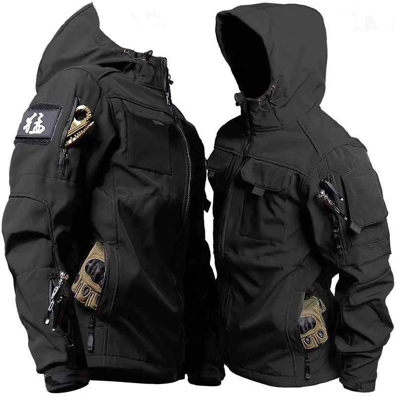 Outdoor tactical suit mens military multi pocket hooded work jacketwindproof and waterproof wool cargo pants winter shark skin set 241022