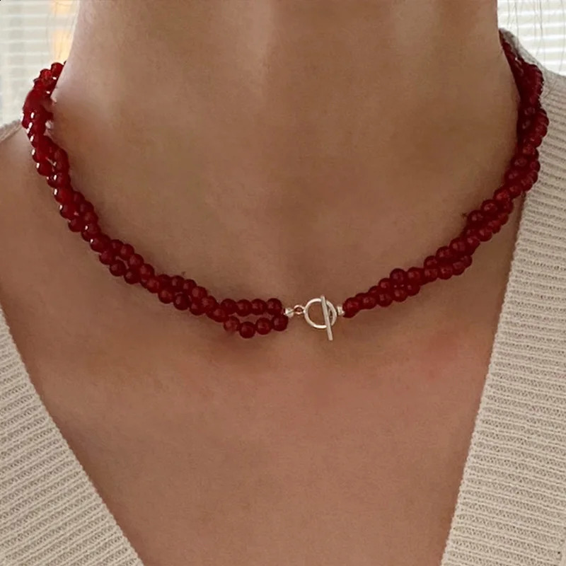 Minar handmade red agate natural stone twisted rope chain double-layer bead necklace womens silver switch buckle necklace 241021
