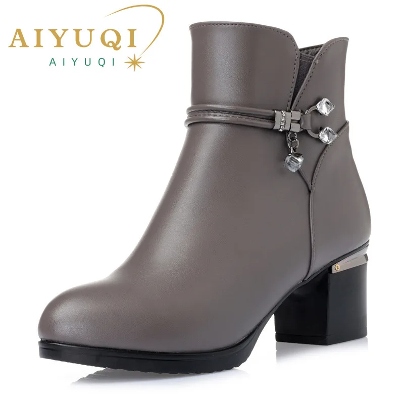 Women boots women genuine leather boots Genuine Leather high heeled ankle boots thick wool winter snow boots free shipping