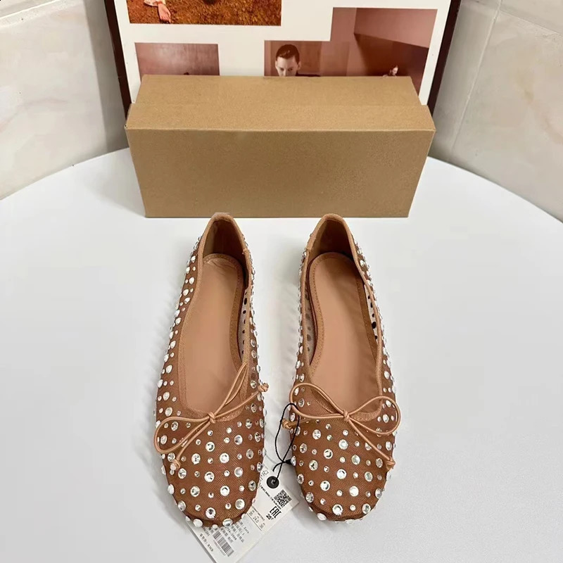 Metal Dots Breathable Mesh Boat Shoe Sandal Round Head Shallow Mouth Flat Shoes Summer Bow Knoit Flated For Woman 241028