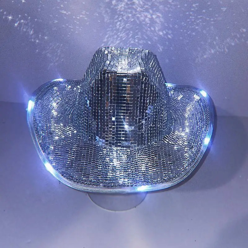 Unique disco ball cowboy hat with neon lights shining brightly cowboy hat with mirrored glass gemstone mesh accent shining brightly 241021