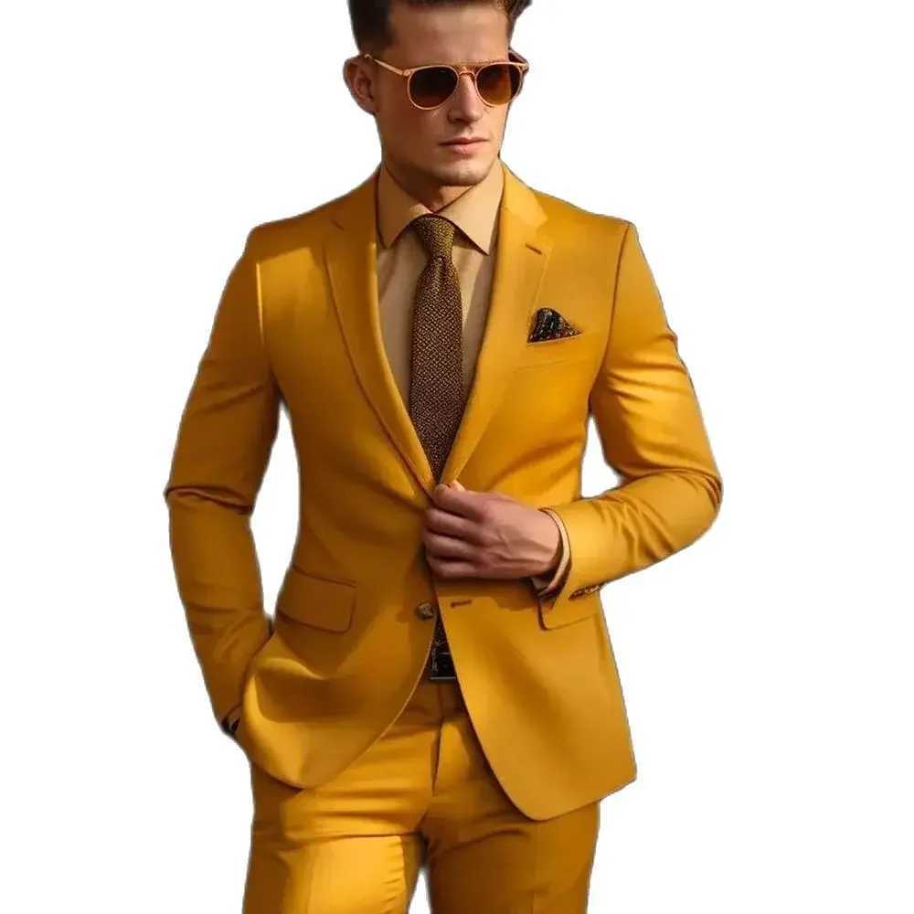 High Quality Men Suits Yellow Single Breasted Skinny 2 Pieces Jacket Pants Set Formal Wedding Outfits Costume Homme LX241022
