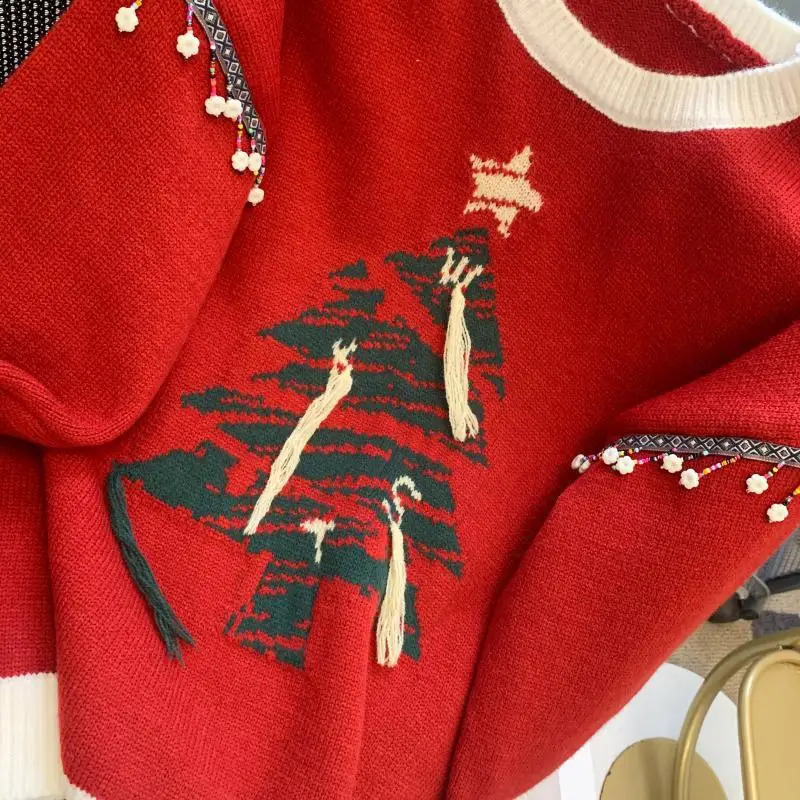 Christma Tree Knitted Sweater Pullover Womens Fashion Loose Casual Womens Top Winter Long Sleeve O-neck Knitted Jumper 241021