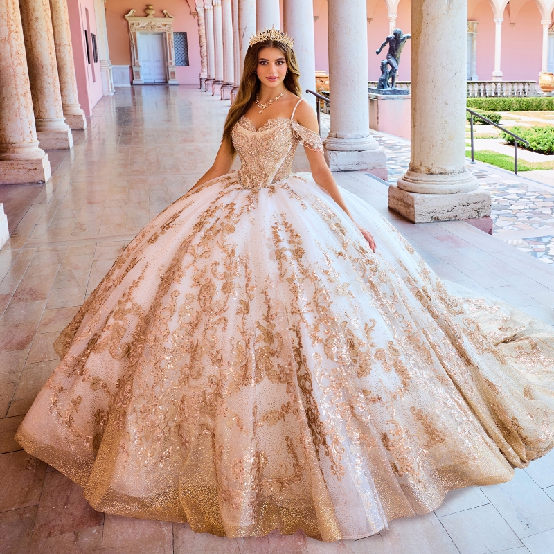 Champagne Shiny Quinceanera Dresses Ball Gown Off the Shoulder Lace Applique Beading Tull Mexican Corset Sweet 16 Dress Vestidos De 15 Anos