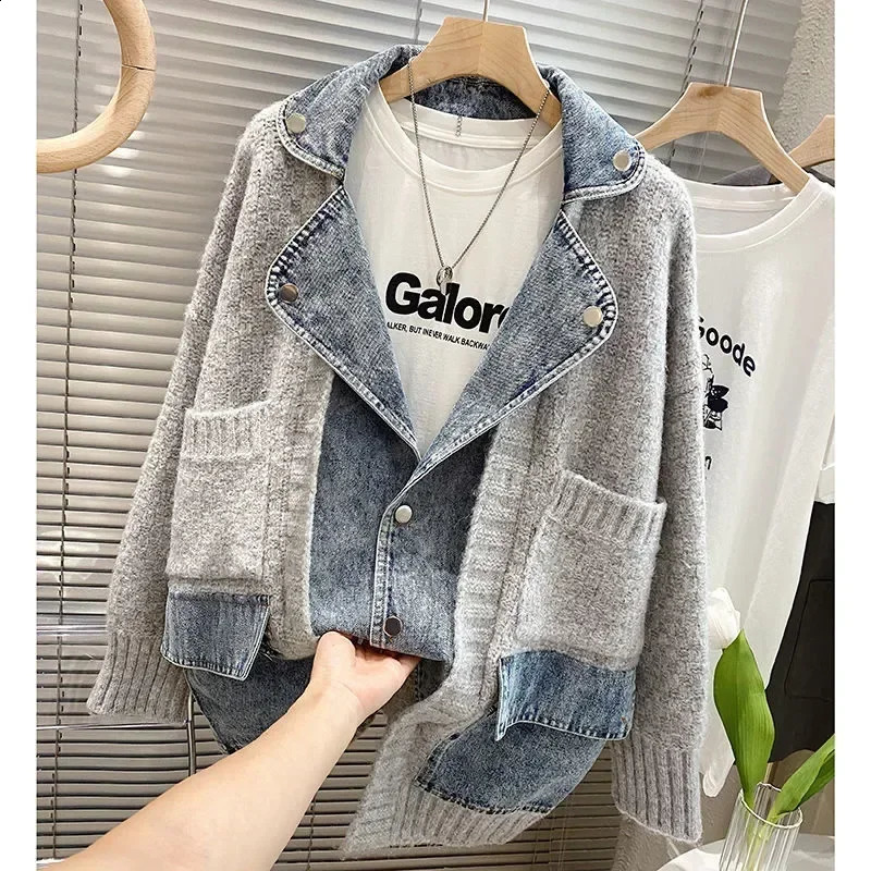 Autumn Winter Womens Splicing Denim Jacket Womens Long Sleeve Jeans Jacket Fashion Womens Loose Sweater Cardigan Jacket 241021