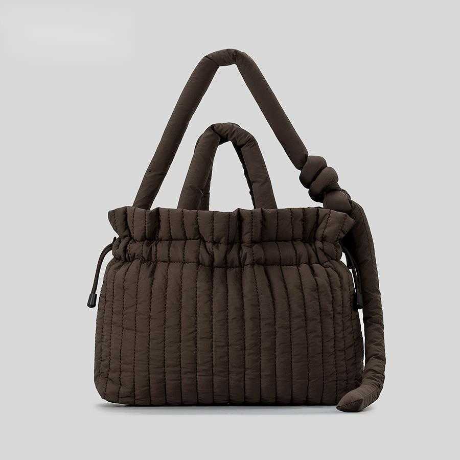 CMM Autumn Winter Fluffy Drawstring Shoulder Bag Nylon Cloth Clip Cotton Folded Cloud Bag Striped Large Capacity Tote Bag Women 241015