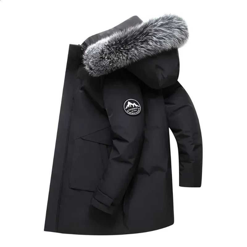 Winter long mens down jacket and fashionable hooded large fur collar warm white duck down jacket mens casual windproof Parka 241021