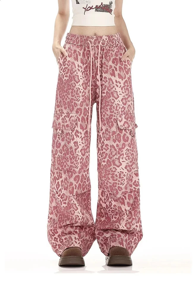 Y2K jeans retro leopard print womens oversized denim strtwear wide leg umbrella pants Harajuku casual exercise cargo tray Z260313