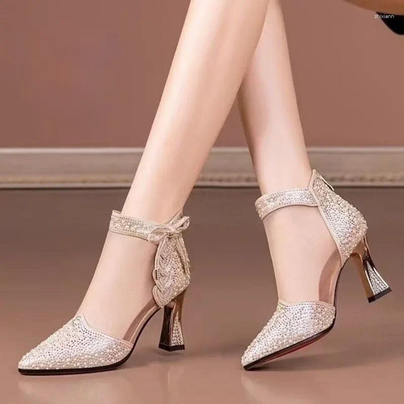 Boots 2024 Fashion Women High Heels Mesh Fabric Ankle Zip Sandals Sexy Pointed Tip Pumps atos De Mujer Golden Sparkg