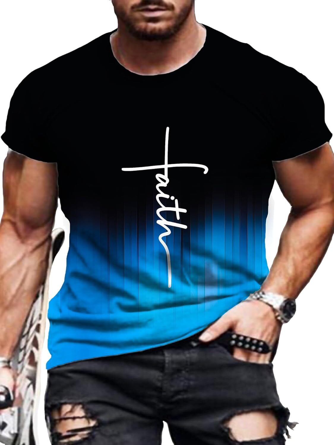 Mens T shirt 2024 New Men's Casual T-Shirt Splicing Color Novelty Faith 3D Digital Printing Vintage Summer Daily Top Outdoor Travel Party tee nic