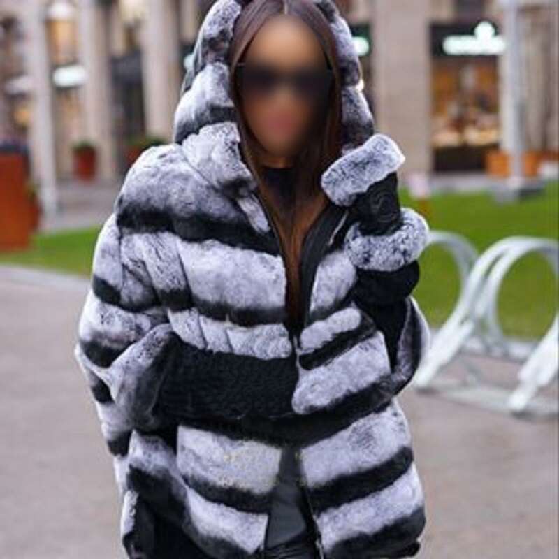 Real Rex Rabbit Fur Coat for Women Jacket with Hood Batwing Sleeve Furry Half Sleeve Casual Loose Zipper Winter Cloth