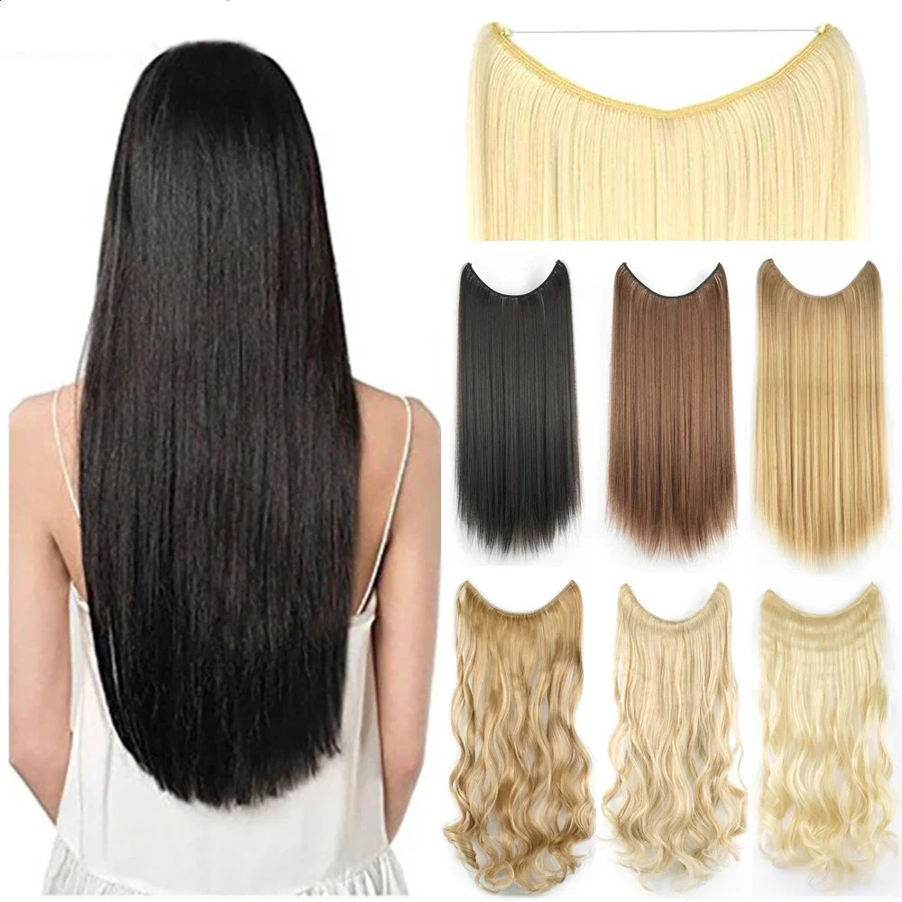22 26 Long Straight Blonde Synthetic Halo Hair S Fish E Invisible Hairpiece Fake For Girls 241021
