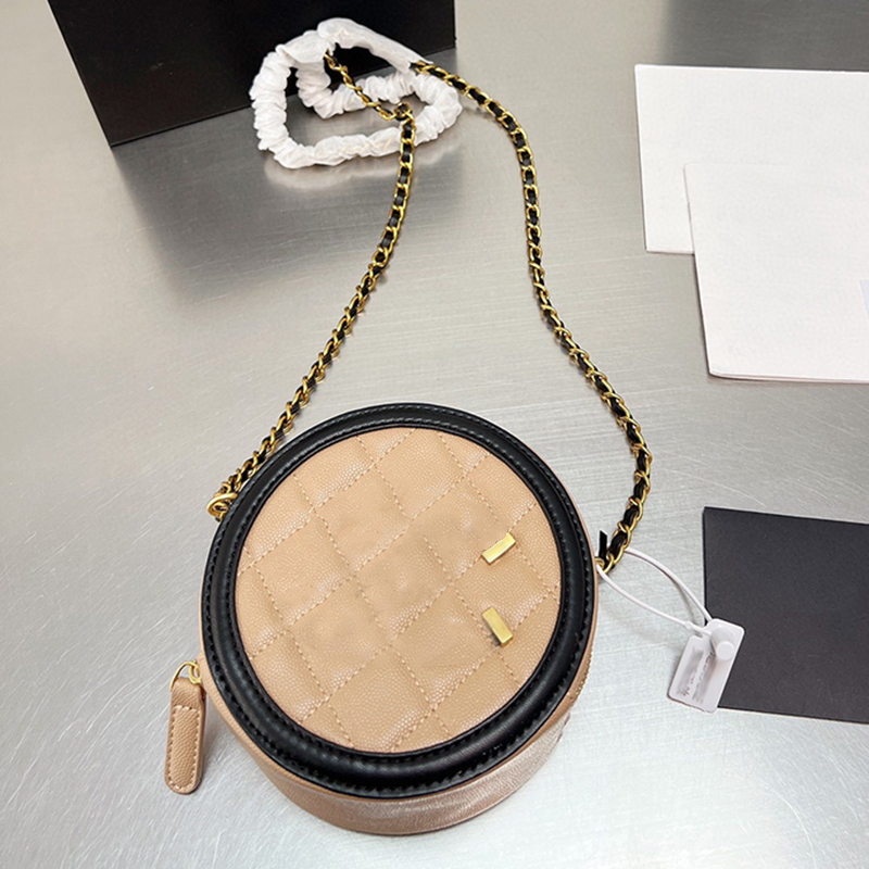 Designer Womens Mini Makeup Bag Round Bun Bag Leather Rib Check Gold Hardware Metal Zipper Matelasse Chain Hand Crossbody Bag Key Bags Card Sacoche Dinner Purse 15cm