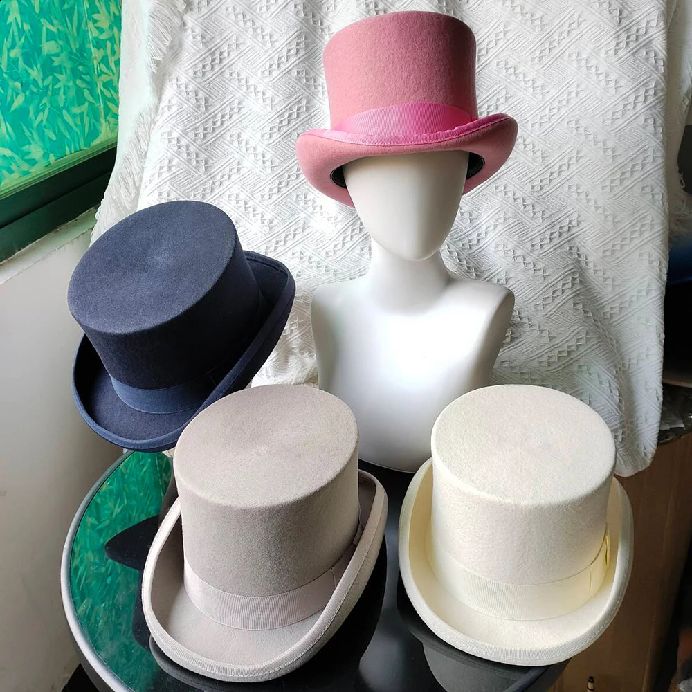 Mens Hat 100% Wool Presidential Hat Neutral Top Display Mens Bowling Hat Black Red Magic Hat Fashion DIY Feather Accessories 241021