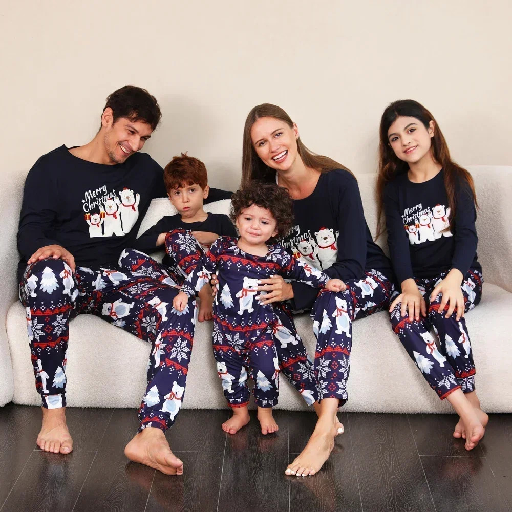 Merry Christmas Family Pajamas Set Cartoon Bear Print Mom Daughter Dad Son Baby Matching Clothes Loose Soft Sleepwear Xmas Look 241022
