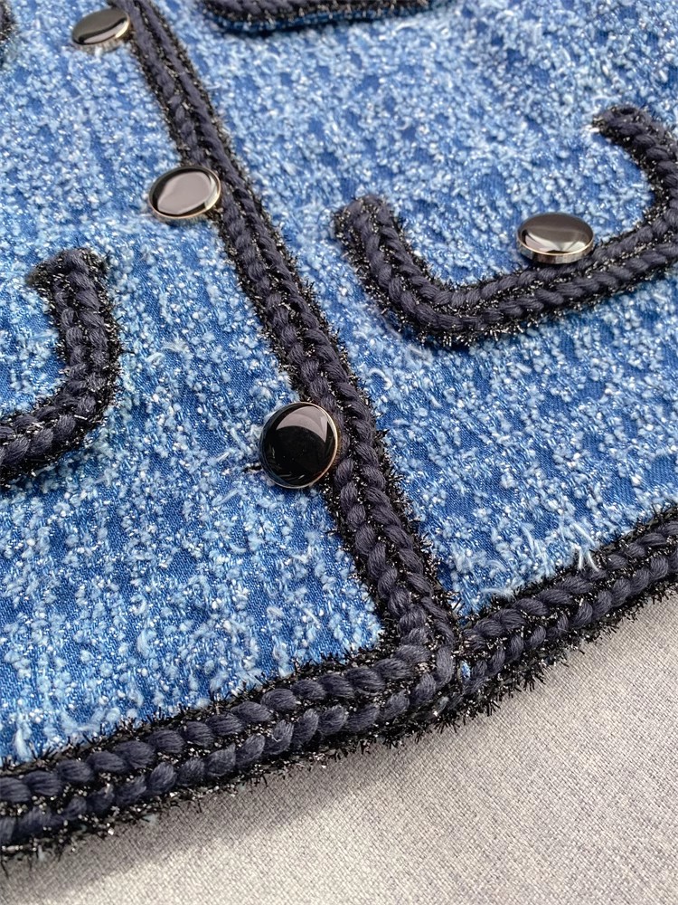 2025 Spring Sky Blue Two Piece Dress Sets Long Sleeve Round Neck Tweed Single-Breasted Coat + Buttons Skirt Set Two Piece Suits M5A028639 Check Size C