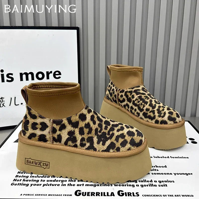 Leopard platform womens snow ankle boots apartment casual shoes short plush cotton shoes trend warm winter Botas unprinted good products 241022