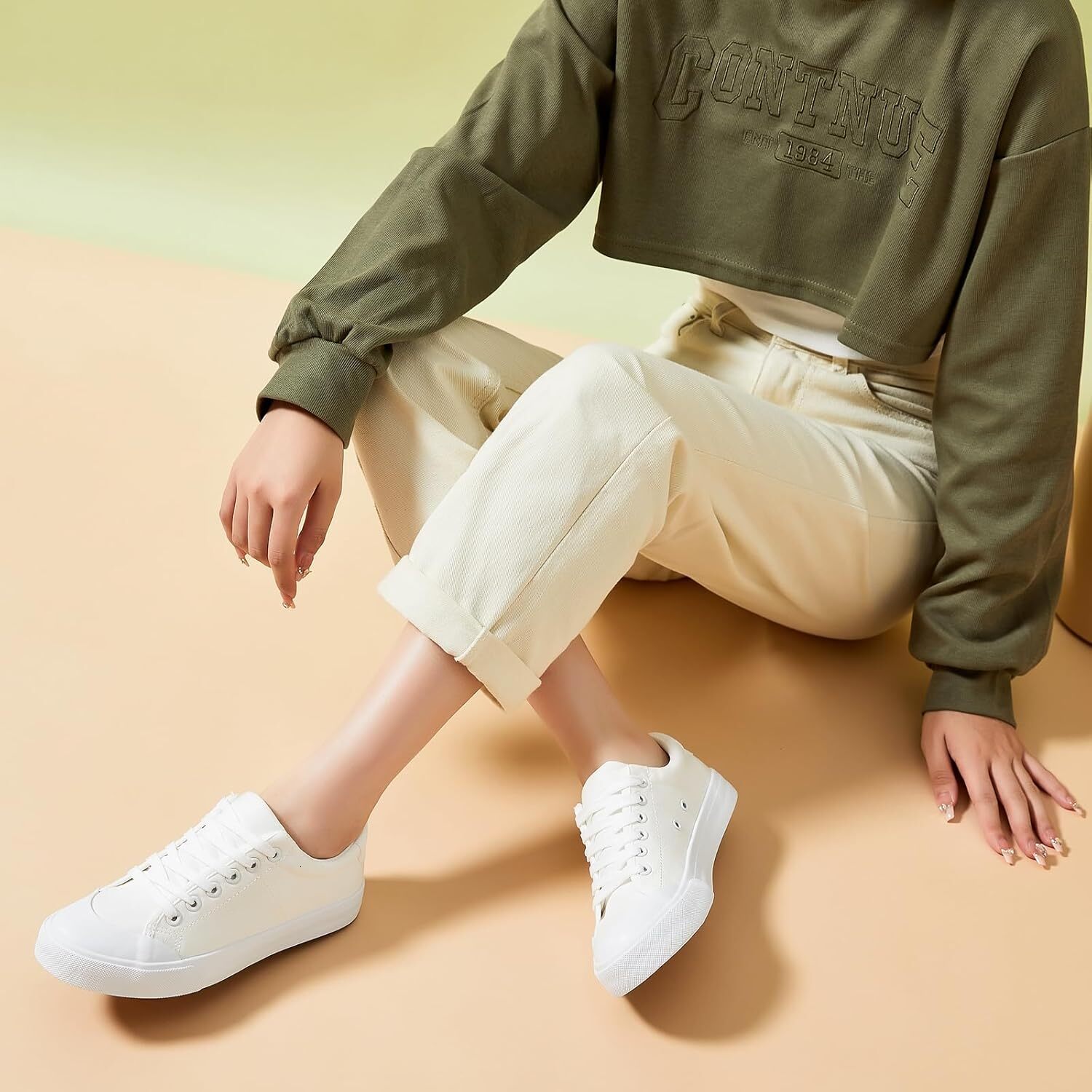 IMPCRUTE Women S Canvas Shoes Low Cut Sneakers Lace Up White Tennis Casual Walking