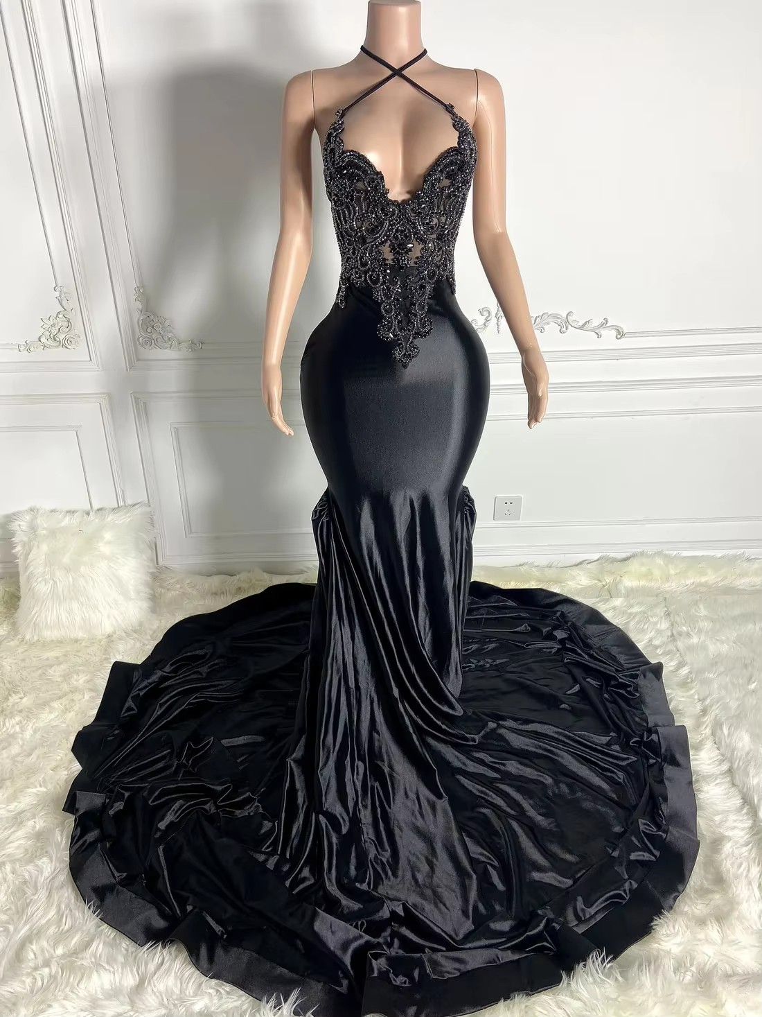 Halter Long South African Prom For Black Girls Mermaid See Through Crystals Sexy Nigeria Evening Dresses Gown