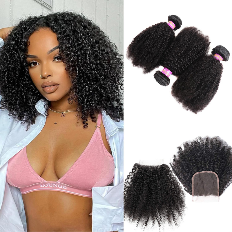 Malaysian 4X4 Lace Closure Afro Kinky Curly 10-24inch Human Hair Closures Middle Free Three Part Yiruhair Lace Closure Natural Color