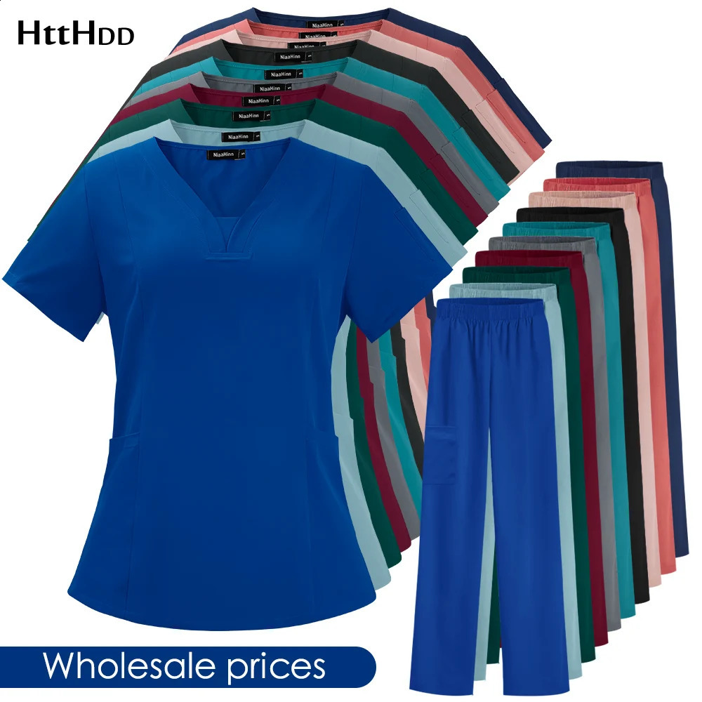 Nurse Uniform High Quality Pet Grooming Care Workwear Set Scrubs Operating Room Gown Short Sleeve Elastic Pants 241017