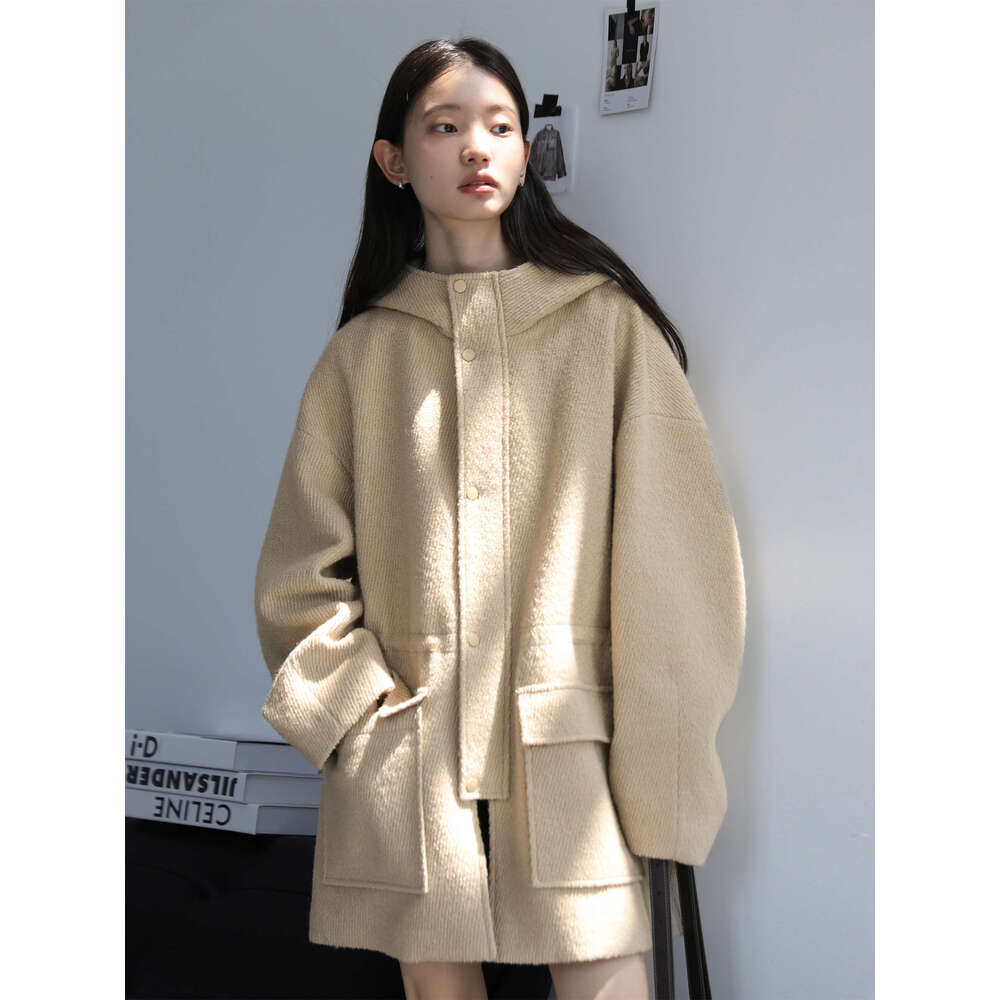 CHIC VEN Women's Woolen Coat Loose Solid New British Hooded Jackets Drawstring Mid-Length Ladies Windbreaker Autumn Winter 250526
