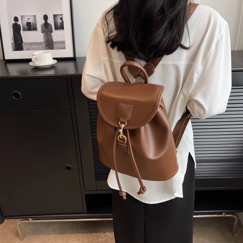 PU leather backpack for women large capacity casual school bag solid drawstring travel shoulder bag Korean fashion backpack 241021