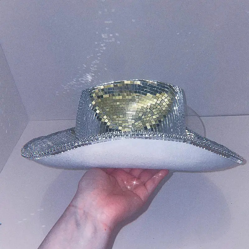 Unique disco ball cowboy hat with neon lights shining brightly cowboy hat with mirrored glass gemstone mesh accent shining brightly 241021