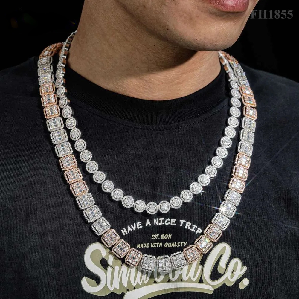 Pass Dia Tester 2 Tones Hip Hop Jewelry Necklace Sier 13MM Baguette Cluster Moissanite Iced Out Tennis Chain