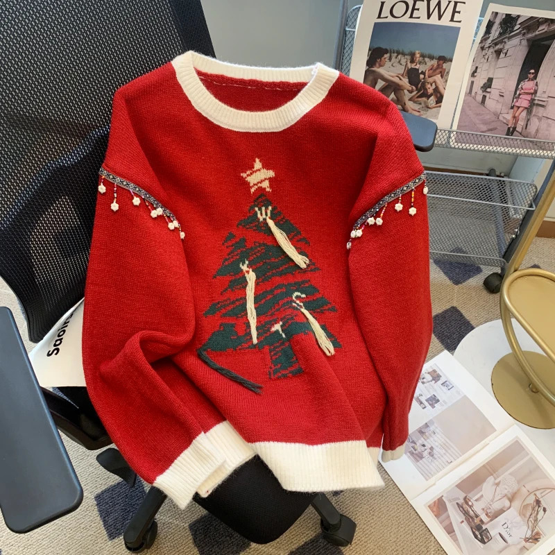 Christma Tree Knitted Sweater Pullover Womens Fashion Loose Casual Womens Top Winter Long Sleeve O-neck Knitted Jumper 241021