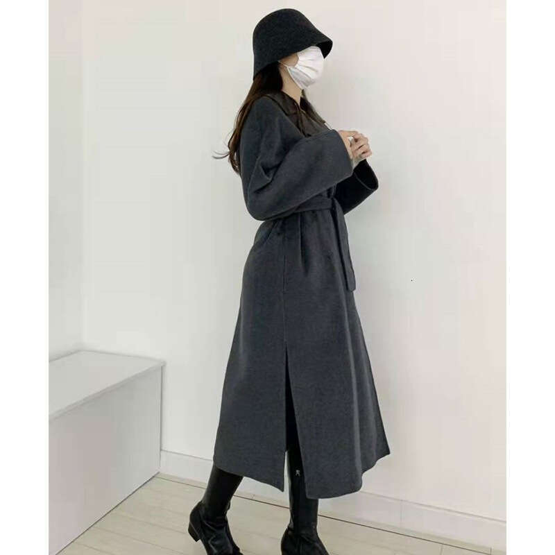 Rose Cashmere Wool Comfortable Urious Side Slit Double-Sided Tweed Coat Women