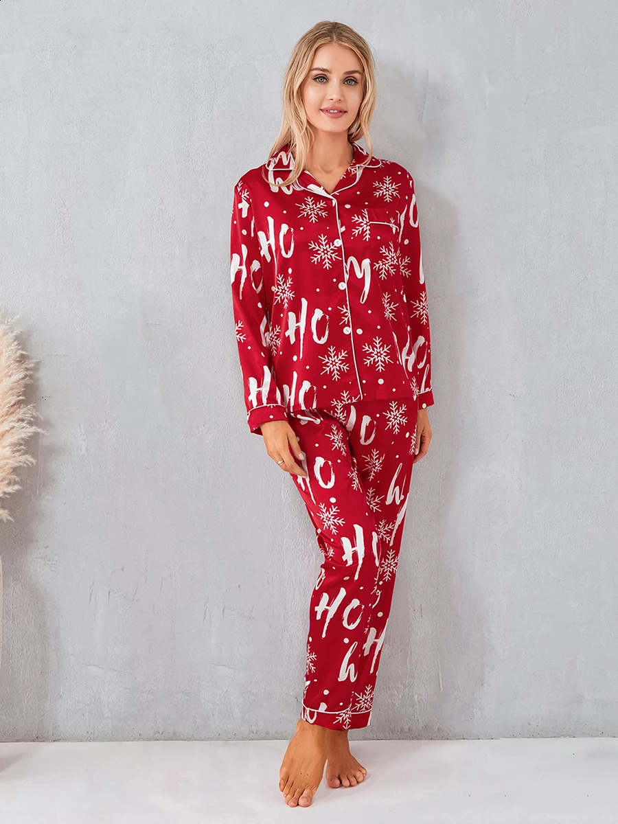Womens 2-piece pajama set Christmas long sleeved button toppants set Autumn loose pajama casual wear 241021