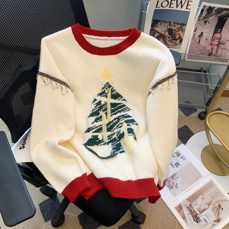 Christma Tree Knitted Sweater Pullover Womens Fashion Loose Casual Womens Top Winter Long Sleeve O-neck Knitted Jumper 241021