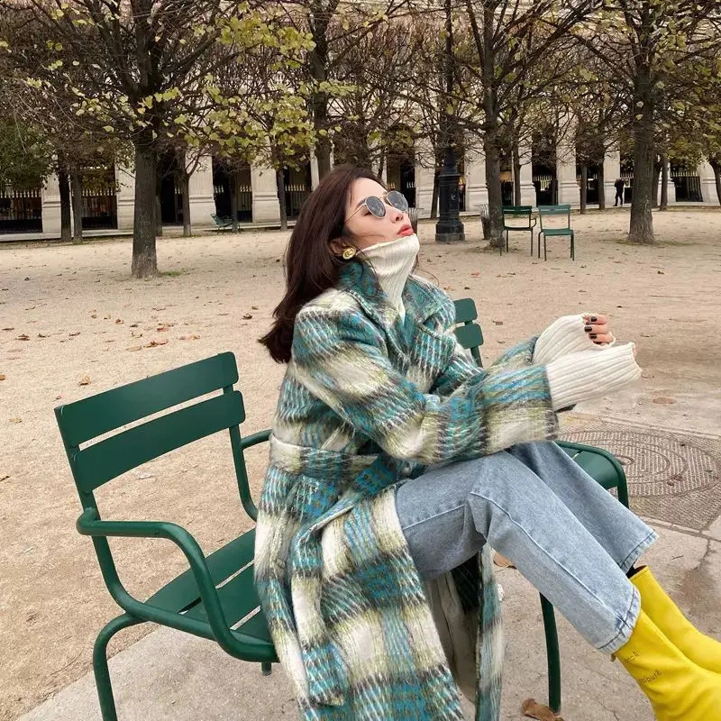 Flat wool jacket for women mid to long autumn/winter British style thick knee lace coarse tweed coat 241021