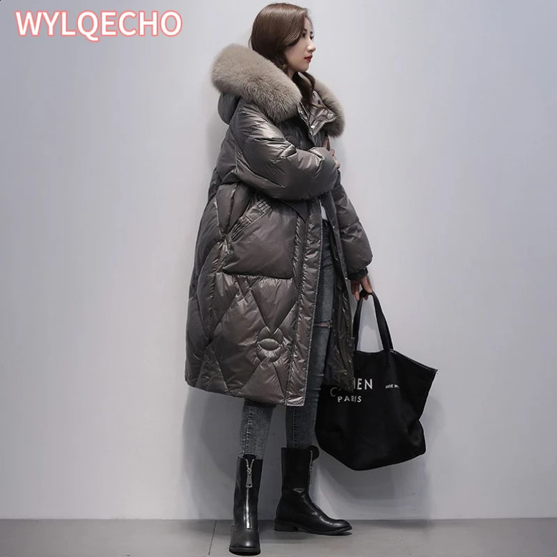 Womens down jacket thickened in winter warm medium length fashionable smooth no down jacket 241021