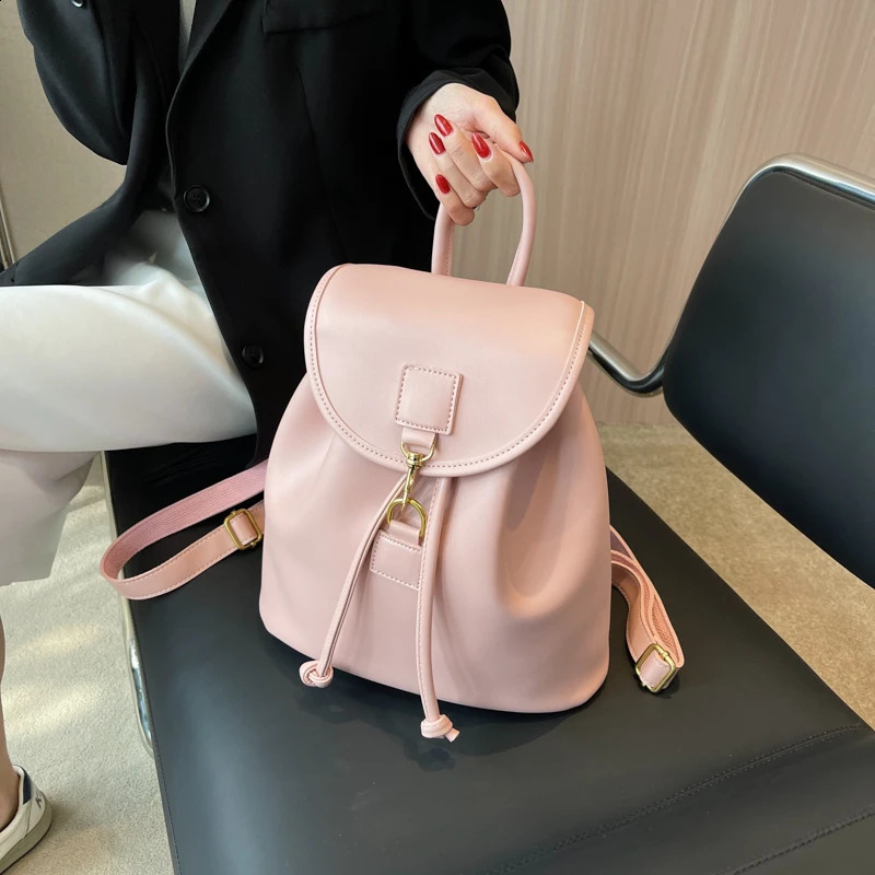 PU leather backpack for women large capacity casual school bag solid drawstring travel shoulder bag Korean fashion backpack 241021