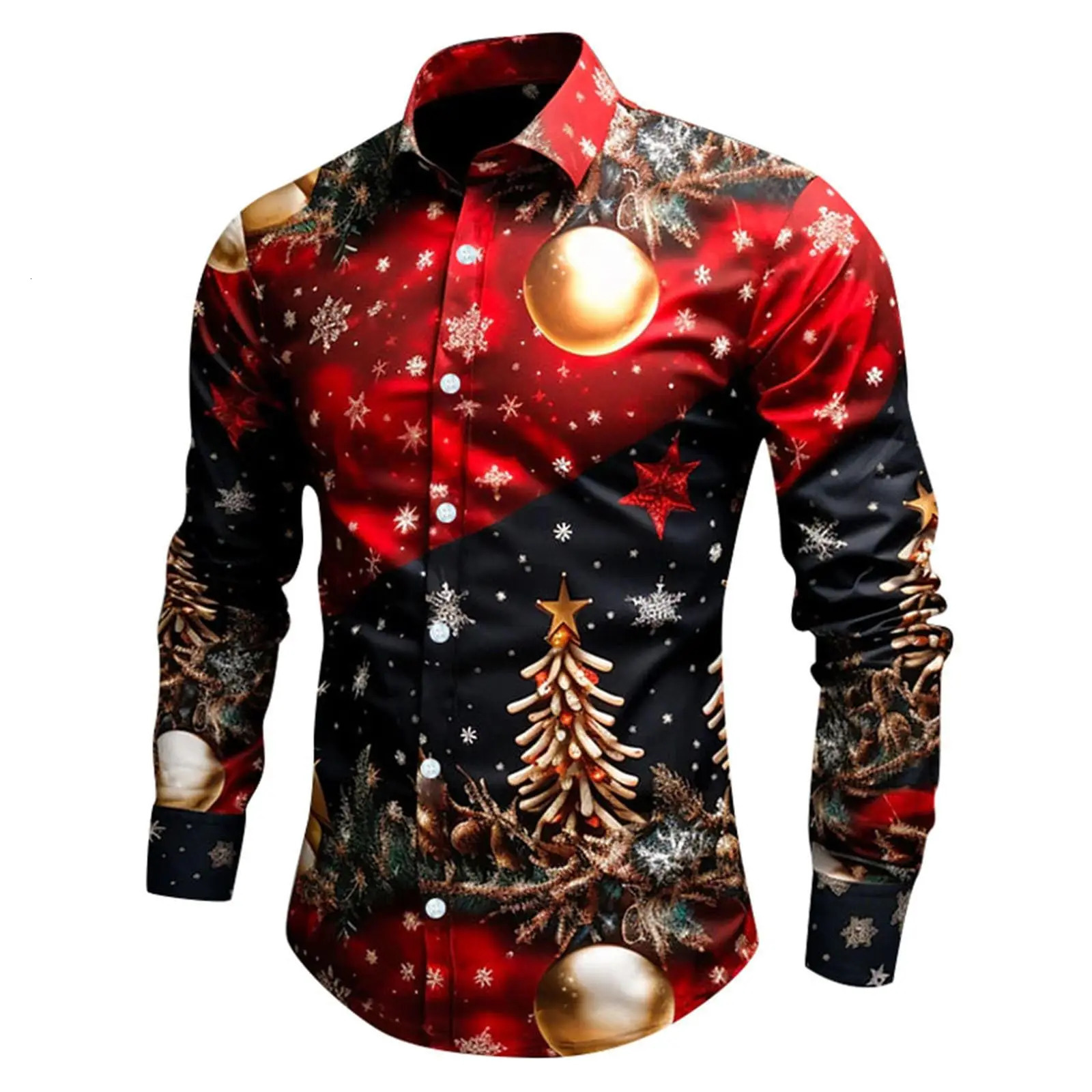 Mens 3D Christmas Bell Fashion Print Single Breasted Long Sleeve Shirt Casual Loose Lapel 241022