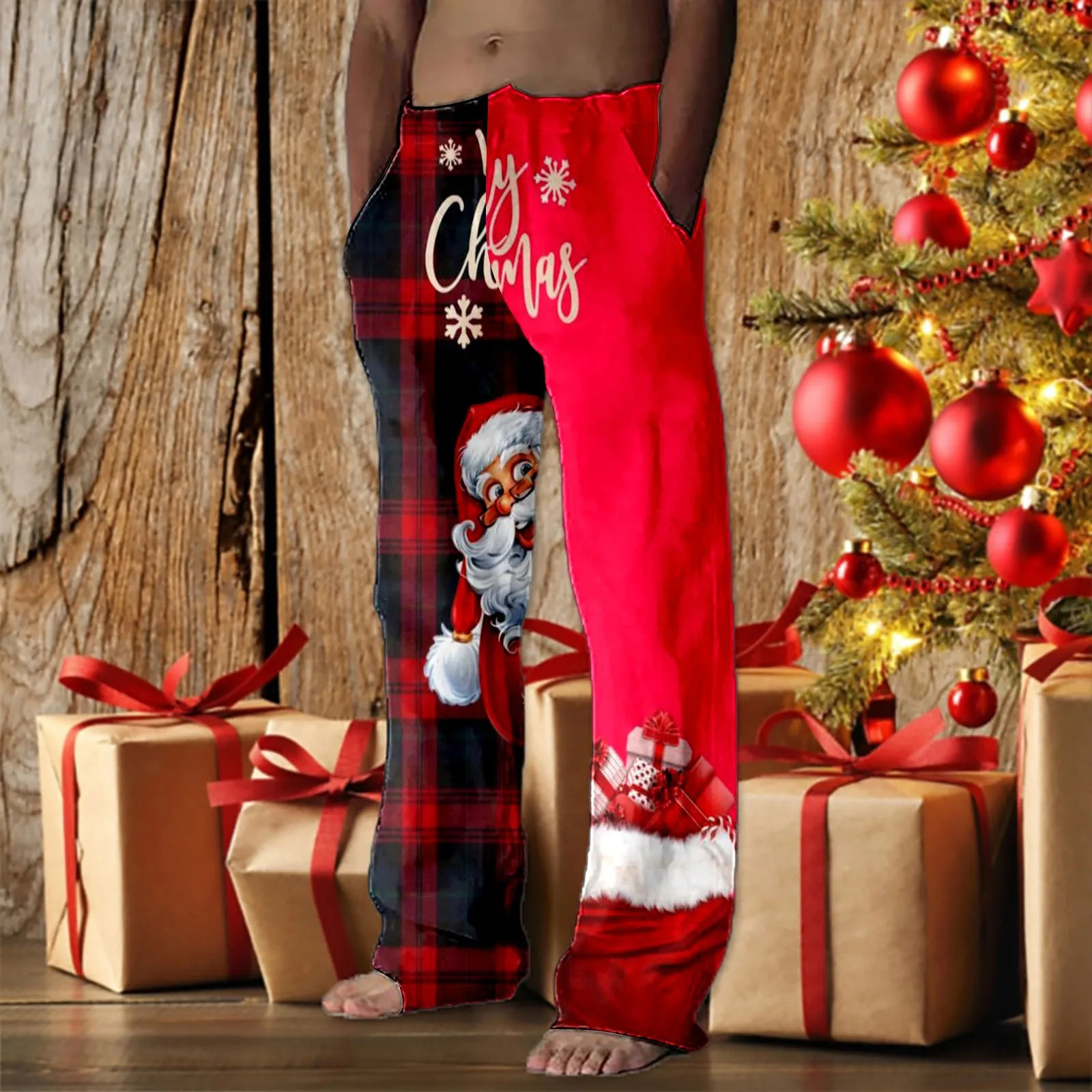 Mens Christmas Long Pants Casual Festive Special Tie Dye Layered Snowflake Santa Printed Bottom Holiday Pantalones 241022