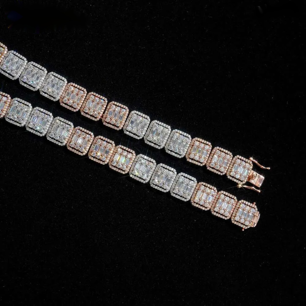 Pass Dia Tester 2 Tones Hip Hop Jewelry Necklace Sier 13MM Baguette Cluster Moissanite Iced Out Tennis Chain