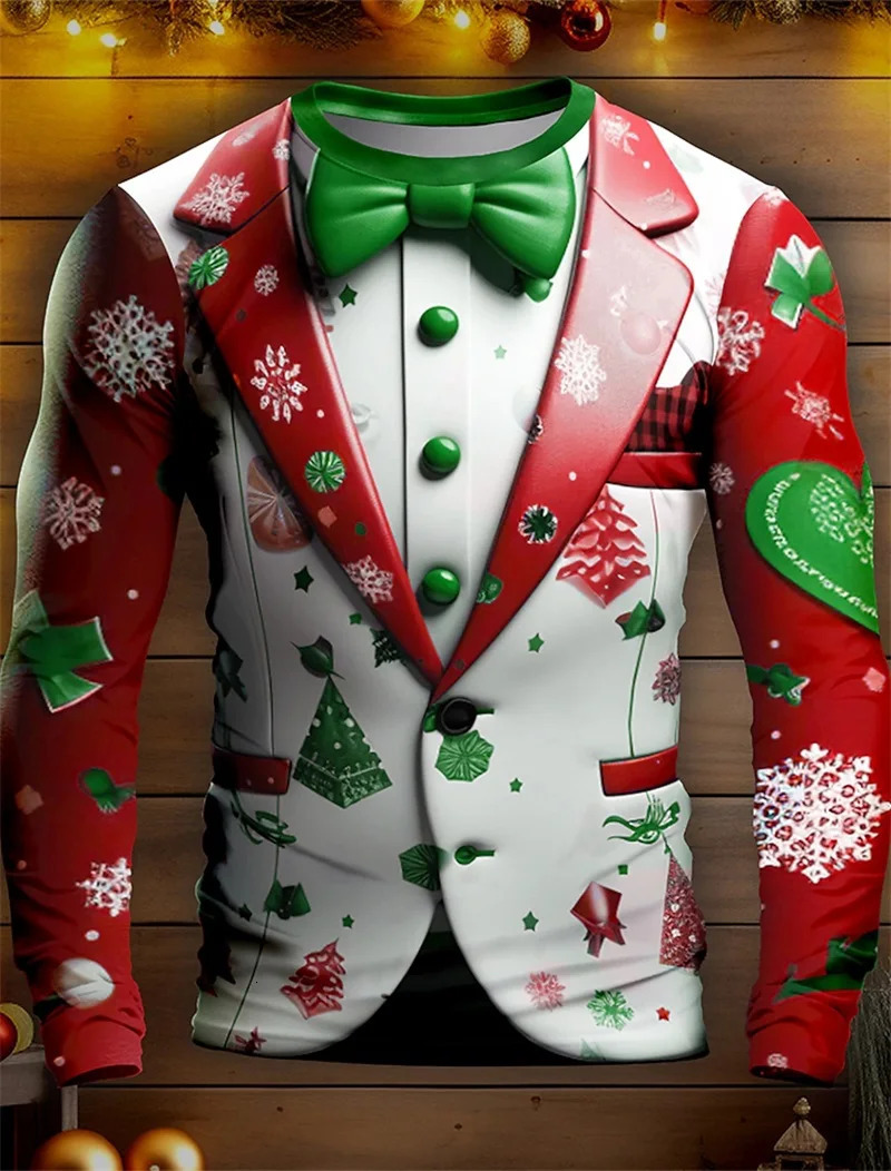 Mens Long Sleeve Tshirts 3D Print Christmas Snowflake Pattern Suit Tee Shirts Tops Streetwear Crew Neck Plus Size T Shirt 241022