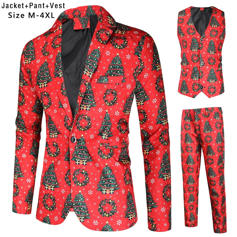 Plus Size 4XL Christmas Men 3 Piece Suits Fashion Sunglasses Santa Claus Printing Mens Sets Blazers Jacket and Trousers Vest 241022 - view 5