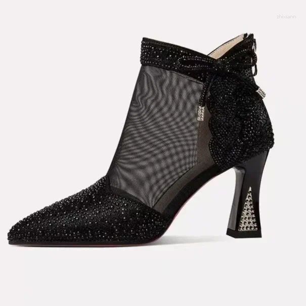 Boots 2024 Fashion Women High Heels Mesh Fabric Ankle Zip Sandals Sexy Pointed Tip Pumps atos De Mujer Golden Sparkg