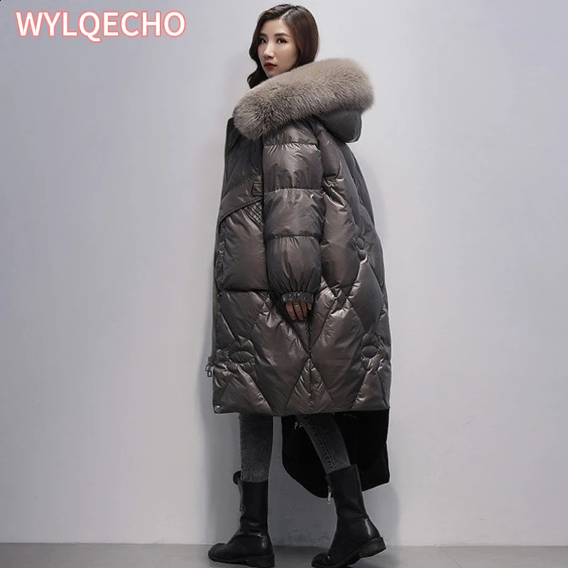 Womens down jacket thickened in winter warm medium length fashionable smooth no down jacket 241021